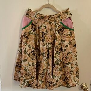 Floral Skull A-Line Skirt with Pink and Green Accents